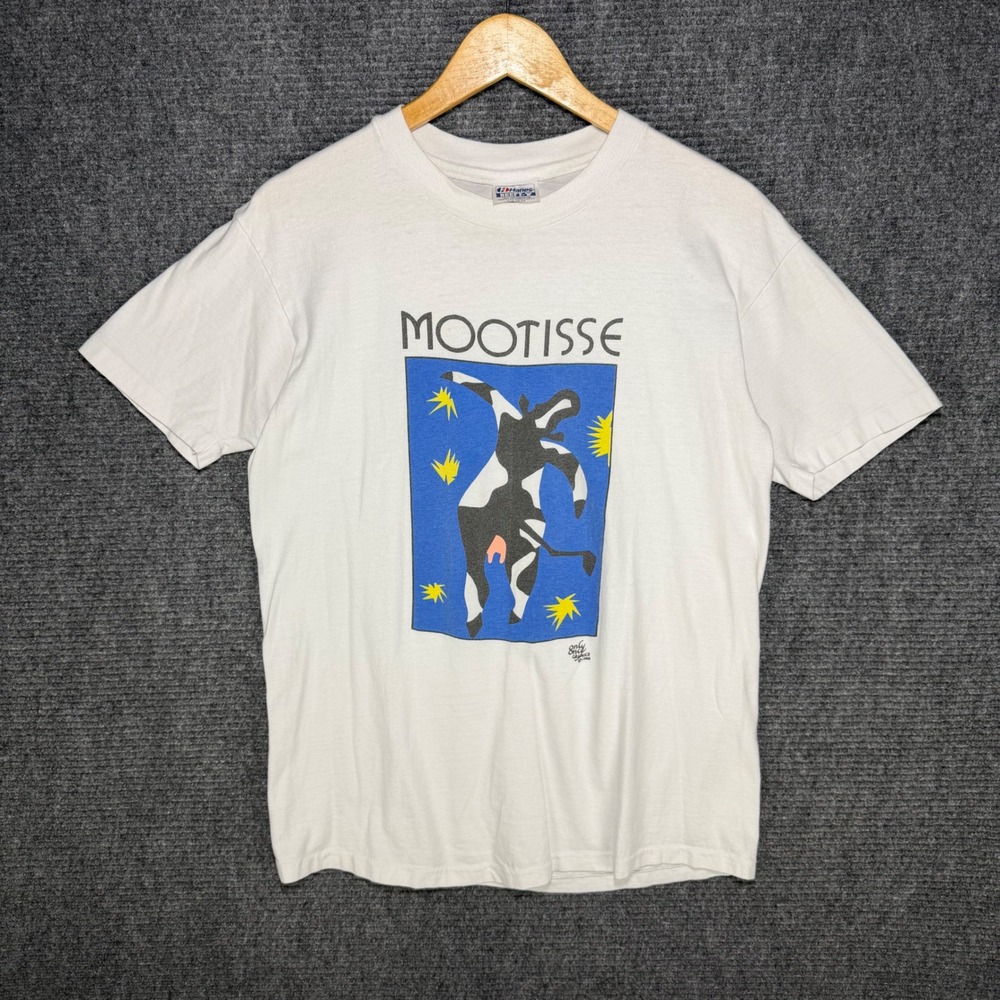 Vintage 1988 Hanes Beefy-T Mootisse Art Parody Cow Matisse T-Shirt White Large